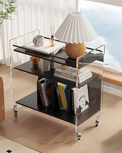 Rollwagen aus Acryl und Bambus mit abschließbaren Rollen, Plattenspieler-Ständer und Regal, Couchtisch, Beistelltisch, Nachttisch, Stereo-Schrank für Wohnzimmer, Schlafzimmer, Büro (schwarz, 68 cm)