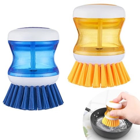 Soap Dispensing Dish Brush, 2 PCS Soap Dispensing Palm Brush, Multifunctional Pressing Cleaning Brush Palm Scrub Refillable Soap Dispensing for Dishes Pot Pan Sink Cleaning