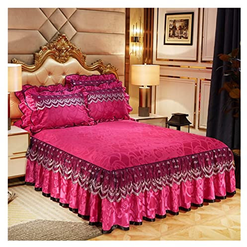 XMAIYIF Cache Sommier Ensemble de literie de Luxe Doux, 3 pièces, Jupe de lit rehaussée, draps en Lin réglables, Housse Taille Queen et King avec taies d'oreiller(Rose Red,3pcs 180x200cm)