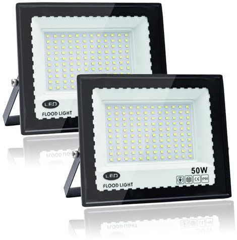 Tkdaksy 2 Pièces Projecteur Led Extérieur 50W, Blanc froid 6500K Projecteur LED, 5000LM Spot LED Extérieur IP66 Étanche, pour Jardins, Cours, Garages, Toits, Terrasses, Parkings, Places et Quais
