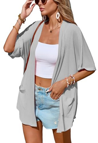 Famulily Ladies Sheer Cardigans for Summer, Loose Fitting Kimono Cardigans Womens Half Sleeves Cover ups (L, Grey)