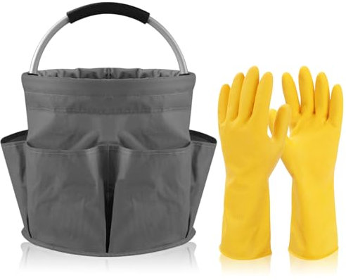SCDZY Cleaning Caddy with Handle, Durable Large Capacity Multi-Pocket Cleaning Caddy Bag with Rubber Gloves, Foldable Gardening Tool Bag for Home, Camping, Travel