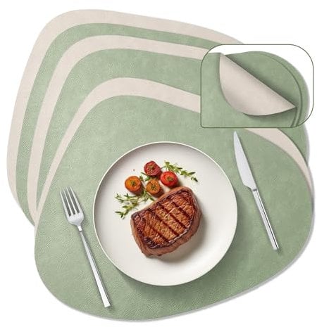 Behiruch 6er Set Tischsets Abwaschbar, Platzset Abwaschbar Oval Doppelseitig, Schmutzabweisend & rutschfest Tischsets Leder für Esszimmer, küche, 34x42.5cm (Hellgrün+Beige)
