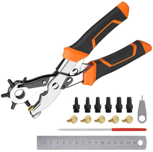 Leather Hole Punch, [Upgraded] Diyife Portable 6 Holes Parallel Bar Belt Hole Puncher Plier Tool for Leather Saddles Shoes Fabric Crafts with Swivel Clasp, 6 Spare Punching Heads & 5 Copper Pads
