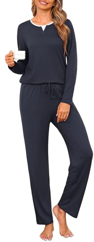 Jahetuul Pyjama Femme en Coton 2 Pièces avec Pantalon Col Rond Uni | Coton doux, col rond, uni pour la nuit, la détente et les moments à la maison.