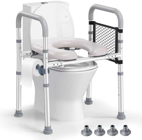 Toilettensitzerhöhung mit Armlehnen, Toilettensitzerhöher mit Gepolsterte Sitz und Aluminiumrahmen, Einstellbarer Höhe und Breite, Toilettenaufsatz für Senioren für jede Toilette, Belastbar bis 150kg