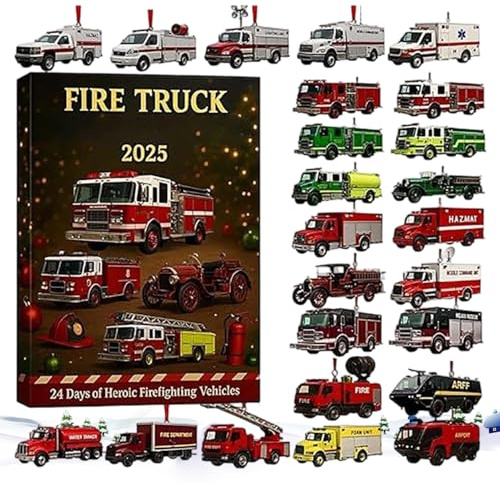 Feuerwehr Adventskalender 2025, 24 Tage Countdown Kalender Mit Feuerwehrfahrzeugen, 2D Acryl Feuerwehr Auto Deko Für Erwachsene Kinder Party Deko, Für Party Zuhause Christbaumschmuck