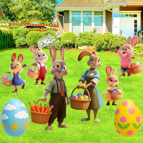 Fangoo 8 Pcs Large Easter Bunny Eggs Yard Signs Easter Outdoor Decorations with Stakes Plastic Colorful Easter Rabbit Egg Garden Decor Supplies for Spring Yard Lawn Holiday Party Decor