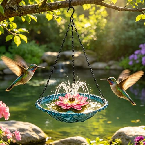 Vogeltränke Hängend, Vogeltränke mit Solar Springbrunnen mit Metallketten, Solarbetriebenes Vogelbad Garten Hängend, Futterstation Vögel Bienentränke Insektentränke, Gartendeko für Draußen (Blau)