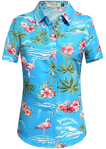 SSLR Chemise hawaïenne à manches courtes Motif flamants roses - Bleu - Taille 3XL