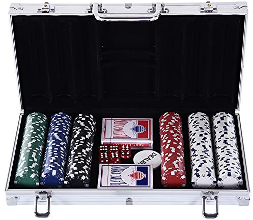 HOMCOM Pokerkoffer Pokerset 300 Pokerchips 2 x Kartenspiel 5 x Würfel 1 x Alukoffer 5 Farben 38 x 20,5 x 6,5 cm 11,5 g/Chip aus Kunststoff
