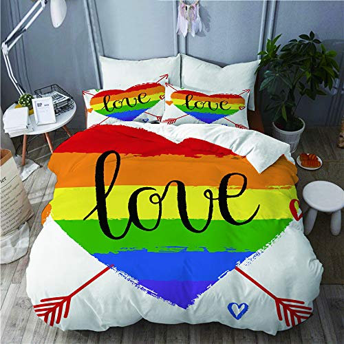 PENGTU Bettwäsche-Set, Mikrofaser,Pride Decorations, Hand gezeichnetes Regenbogen-Herz mit Pfeilen und Gekritzel-Liebes-Wort-Homosexualität,1 Bettbezug 135 x 200cm+ 2 Kopfkissenbezug 80x80cm