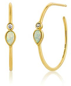 ANIA HAIE Damen Ohrringe MINERAL GLOW Raindrop Hoop aus 925 Sterling Silber, besetzt mit einem Zirkonia und einem Opal, Größe: 0.7cm x 0.5cm, inkl. Geschenkverpackung