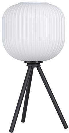 EGLO Tischlampe Mantunalle, Tripod Nachttischlampe skandinavisch, Tischleuchte aus Glas in weiß und Metall in schwarz, Lampe Wohnzimmer und Schlafzimmer mit Schalter, E27 Fassung