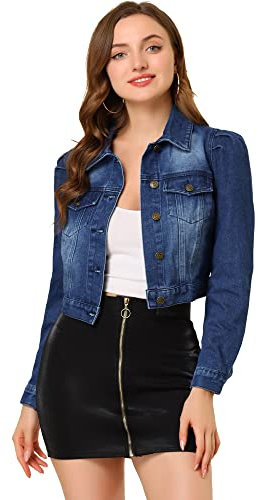 Allegra K Women's Washed Denim Jackets Button Up Puff Sleeve Cropped Jean Jacket, Dark Blue, S