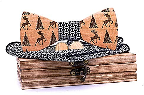 HZQIFEI Noeud Papillon Bois Fait Main, Noeud papillon en Bois de Noël avec Carré de Tissu et Broche en Bois Mariages, Cérémonies (C5, 3Pcs)