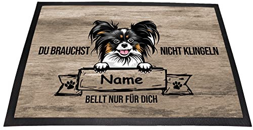 Tierisch-tolle Geschenke Fußmatte Hund „Du brauchst Nicht klingeln“ mit Hundemotiv und Namen (über 70 Rassen verfügbar) | Innen | Außen | Waschbar | Witzig |Personalisiert (Papillon)