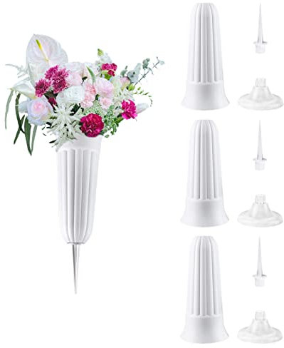 JFBUCF Grabvase für Friedhof, mit Spikes und Sockel, Gedenkblumen, Blumenhalter, Vase für Garten, Rasen, Grabstätten, Veranstaltungen im Freien, Weiß, 4 Stück