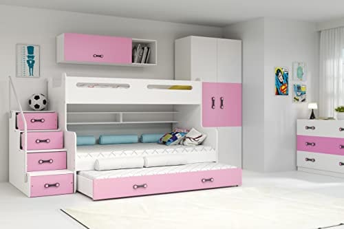 Interbeds Etagenbett Hochbett MAX 3 für DREI Kinder mit DREI Matratzen: 80x200cm / 120x200cm / 80x190cm + Farbvariationen (weiß+rosa)