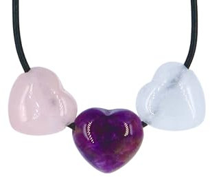 Taddart Minerals - 3 ciondoli a forma di cuore a triangolo dorato, 15 mm, con pietre naturali, quarzo rosa, ametista, cristallo di rocca con cinturino in pelle, fatti a mano, Minerali, Ametista,