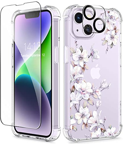GVIEWIN Kompatibel mit iPhone 14 Hülle 6,1 Zoll 2022,mit Displayschutz Schutzfolie+Kamera Schutzfolie,Blume Klar TPU Dünne Stoßfest Kratzfestes Weiche Handyhülle Schutzhülle,Pfingstrose Lilly/Helllila