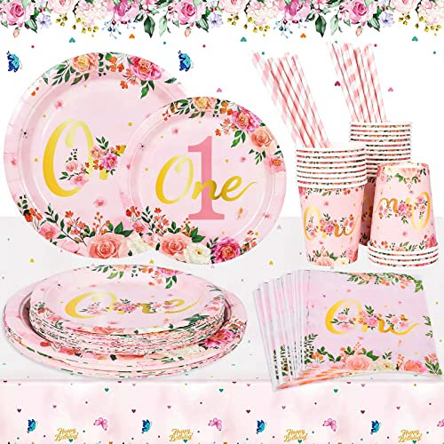 FORMIZON 121 Piezas Juego de Vajilla de Fiesta, Vajilla Rosa Flores Party Supplies Manteles, Vasos de Papel, Platos, Popotes, Servilletas, Juego Vajilla para Cumpleaños Niña 1 Año Sirve 24 Invitados