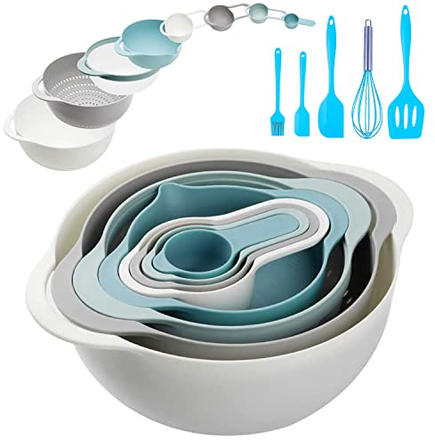 13-teiliges Rührschüssel-Set, Wohnmobil-Camping-Zubehör-Set, Wohnung, Küche, Gadget, einfache Lagerung, inklusive Messbecher, Sieb, große Schüssel, Schneebesen, Schaber, ideal zum Kochen und Backen