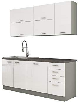 Mirjan24 Küche Multiline III, 180 cm Küchenblock/Küchenzeile mit Arbeitsplatte und Spülbecken, 6 Schrank-Module frei kombinierbar (Grau/Weiß Hochglanz; ohne Beleuchtung)