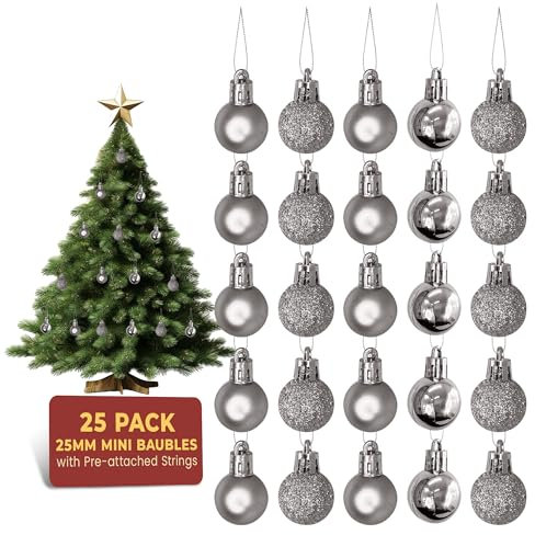Festive Fix 25 Silver Mini Christmas Baubles – Shatterproof, Lightweight Small Tree Decorations for Xmas, Home, Party & Festive Displays