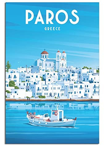 Griechenland Paros Vintage Reiseposter Insel Boot Leinwand Kunst Poster Malerei Bilder Wandkunst Drucke, Wanddekoration für Schlafzimmer, Home Office Decor Party Geschenke 20 x 30 cm