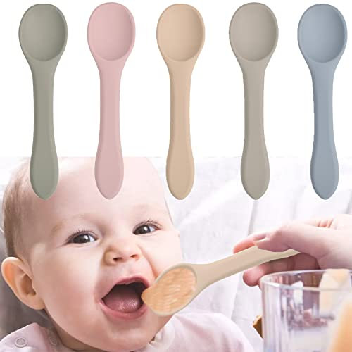 5 Pcs Baby weaning Spoons, Silicone Self-Feeding Spoons, Baby Feeding Training Spoon, Training Feeding for Mini Kids Utensils for Over 6 Months Babies Boy Girl Toddlers First Foods
