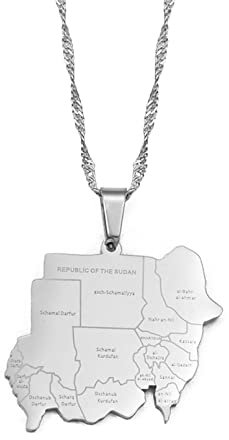 Republik Sudan Karte Anhänger Charm,Sudan Karte Halskette Mit Namensmuster Der Städte,Ethnisches Patriotisches Ornament Charm Schmuck Geschenke Für Damen Herren,Silber,45 cm Kette