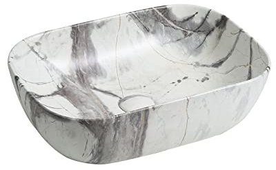 Limoge 7840 Ceramic Oblong Countertop Basin in White Marble Effect - Elegant Designer Above-Counter Bathroom Slab Top Vessel Sink for Modern Bathroom Spaces