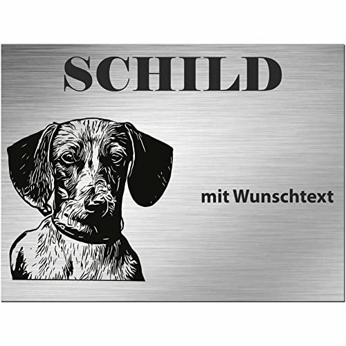 INDIGOS UG - Schilder selbst gestalten Dackel - Wunschtext personalisiert - Aluverbundplatte Edelstahllook - ab 20x15 cm - Spruch - Deko Geschenkidee für Ihren Hund - Zaun - Türschild
