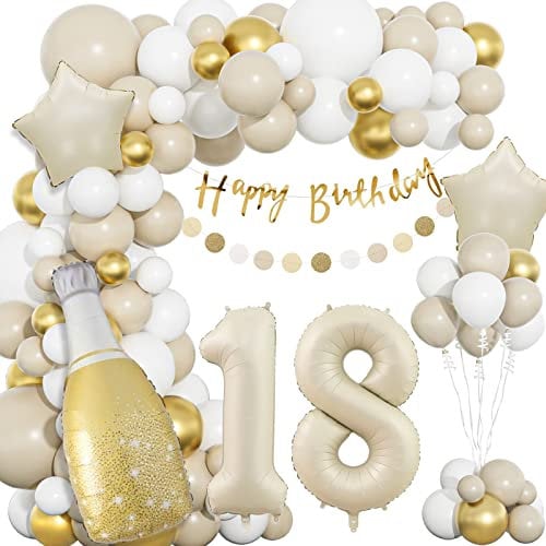 YIMAKJ 18 Geburtstag Deko, 18 Geburtstag Mädchen Junge, 18 Jahr Geburtstagdeko, Happy Birthday Girlande Ballon Beige Gold Deko, Geburtstag Luftballons für Mädchen Junge 18. Geburtstag Dekorationen