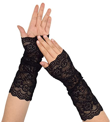 TeeYee Damen Spitze Handschuhen Halb Finger Lang Handschuhen Mesh Spitze Knigge Sommer Handschuhe Blume Pattern für Hochzeit Braut 114schwarz