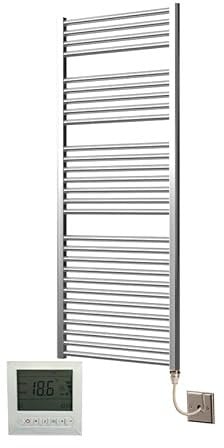 Greened House Extra High Heat Output Chrome Electric Towel Rail 600 x 1500mm Flat Bathroom Radiator Heater Up to 26% More Heat Output + Timer and Thermostat