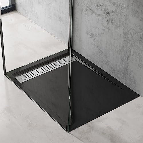 doporro Receveur de Douche Noir Bac à Douche Extra Plat Rectangulaire en Acrylique 80x100x5cm + Bonde AL01 Design Xetro04