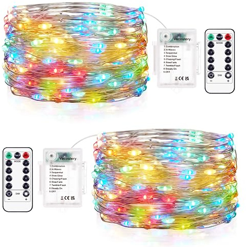 Vacoulery 2 Pack 12M 120 LED Lichterkette Batteriebetriebene, wasserdichte Kupferdraht-Lichterkette 8 Modi mit Fernbedienung Timer für Innen- Außenbeleuchtung, Schlafzimmer, Party, Hochzeit
