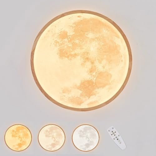 LED Holz Wandleuchte Mondlampe Dimmbar mit Fernbedienung 36W Kinderzimmer Wandlampe Moderne Dekorative Licht 3D Mond Nachtlicht Runde Wand Bettlampe für Schlafzimme Wohnzimmer Flur Deckenlampe,Ø50cm
