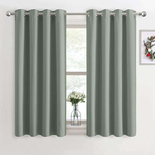 PONY DANCE Verdunkelungsvorhang Salbeigrün Ösenschal 2er Set H 137 x B 117 cm Vorhang Kurz Blickdicht Thermovorhang Hitzeschutz Wohnzimmer Gardinen Modern