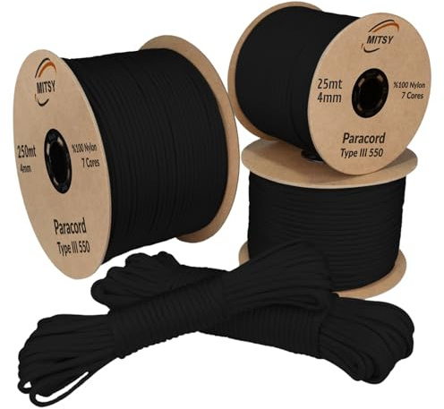 MITSY Paracord 550 Typ III Nylon Schnur 4 mm 25 Meter Schwarz | Fallschirmschnur, 7 Kern Seil, Reißfest & Wetterfest, Allzweckseil für Camping, Outdoor & Survival, 10m, 25m, 50m, 100m, 250m