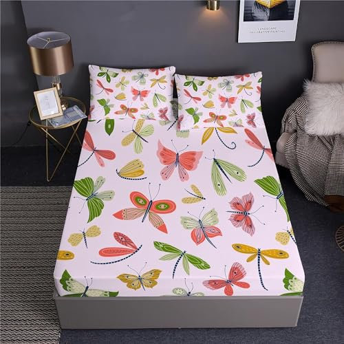 Schmetterling Spannbettlaken 120x200 cm, Mikrofaser Bettlaken für Kinder, 3D Insekt Bettlaken Spannbetttuch 120 x 200 für Matratze bis 30 cm Höhe Mit 1 x Kissenbezügen D123
