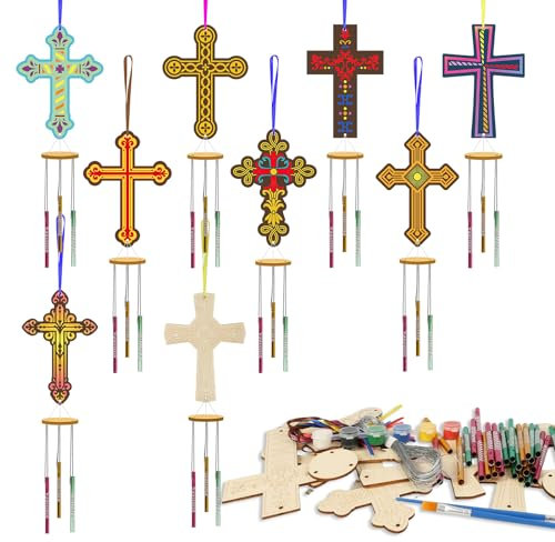 HONMOK 9pcs Kreuze Windspiel Bastelset Holzkreuz Klangspiel Osterbasteln DIY Bastelhandwerk zum Bemalen und Basteln Ostern Holzbastelsets Kreativset für Kinder Jungen Mädchen Ostern Frühling