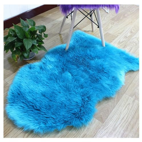 Hrlace Lammfell Schaffell Kunstfell Teppich - Longhair Weiche Flauschig Stuhlauflage Nachahmung Wolle Bettvorleger Sofa Matte für Stuhl Schlafzimmer Blau 65x100cm