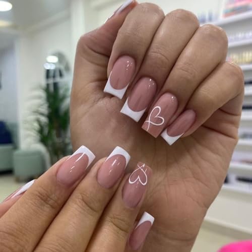OKAQEE Square French Tip False Nails With Glue - 24PCS Short Press on Nails (French Heart)