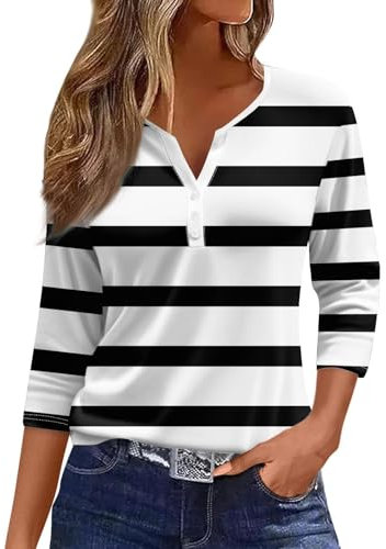 Generic HUIFUAO T-shirts pour femmes, T-shirts d'été à boutons avec col en V et manches 3/4 pour femmes, haut rayé de couleur, t-shirt d'été basique pour femme, coupe ample, A02 noir., XL