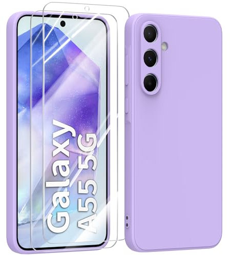 MIKULLE Cover in Silicone per Samsung Galaxy A55 5G con 2 Pellicola Vetro Temperato, Custodia Morbido Silicone Ultra Sottile Liquida TPU Antiurto AntiGraffio Case - Viola