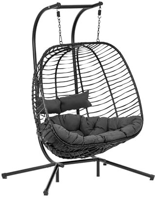 Uniprodo UNI_HC_04 Fauteuil suspendu sur pied - pour deux personnes - siège pliable - noir/gris Chaise suspendue Fauteuil oeuf suspendu Loveuse suspendue Oeuf suspendu