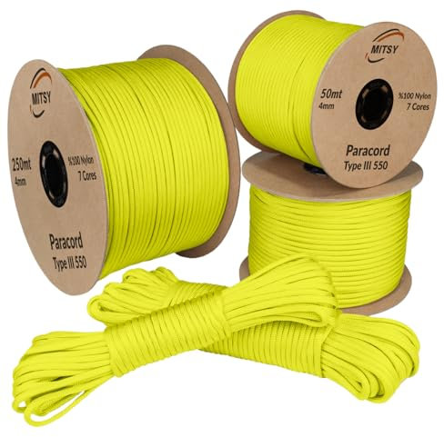 MITSY Paracord 4 mm 250 Meter Phosphor Gelb 100% Nylon Schnur für Hundeleine, Camping, Outdoor und Survival Ausrüstung mit 10m, 25m, 50m, 100m, 250m Paracord 550 Typ III 7 Kern